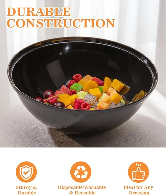 BESTVIP 150 Oz Black Plastic Serving Bowls, 4 Pack | 11.6-Inch Disposable & - Image 4