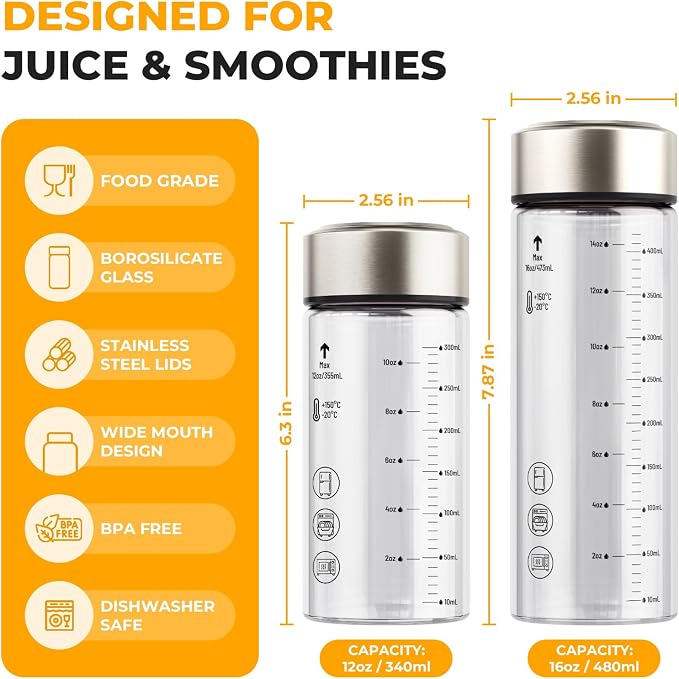 Sursip Wide Mouth Borosilicate Glass Juice Bottles 16oz 6 Pack - Image 3