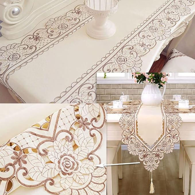 LeLehome 15 Inch X 96 Inch Table Runner, Classic Brown Flowers Embroidery Home - Image 4