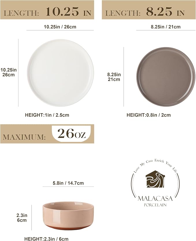 MALACASA Plates and Bowls Sets, 12 Pieces Modern Stoneware Dinnerware Set - Image 2
