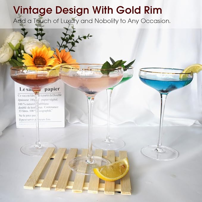 Vintage Coupe Glasses Set of 4, 7.7oz Martini Glasses, Tall Stemmed Cocktail - Image 3