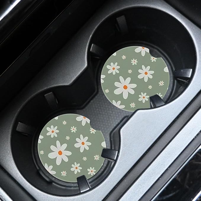 2pcs Cute White Flowers Car Coasters, Absorbent Universal neoprener Cup Holder - Image 3
