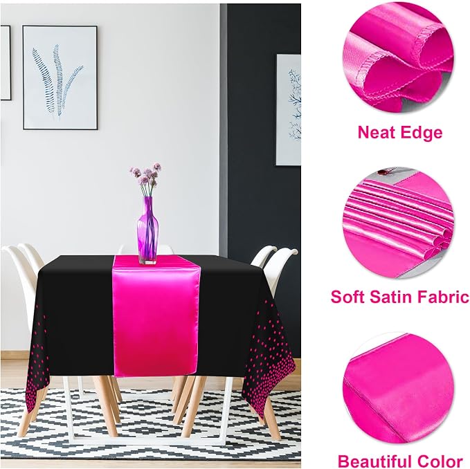 8Pack Disposable Plastic Party Tablecloths and Satin Table Runner Set Black Hot - Image 3
