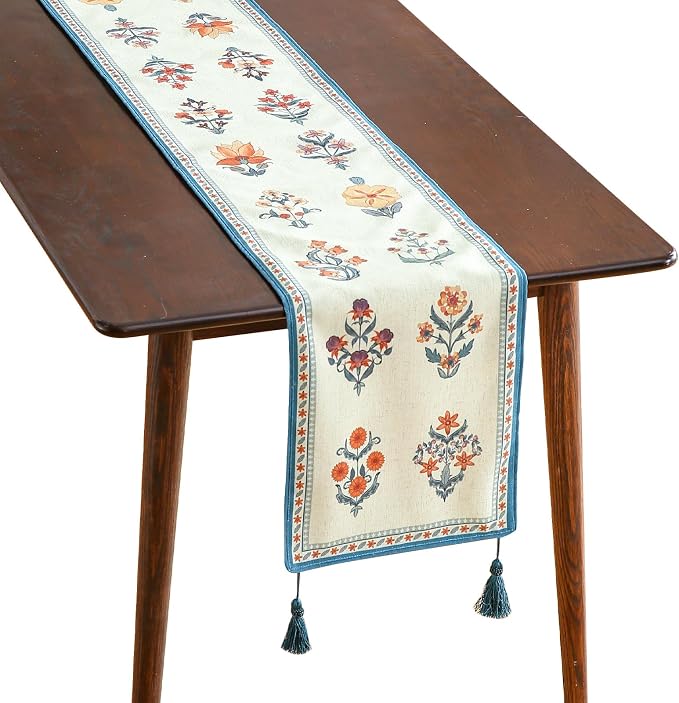 Designer French Linen Long Table Runner, Floral Pattern, Dining Table, Kitchen by Isaennehomedecoration
