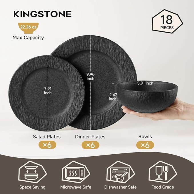 Black Dinnerware Sets, 18-Piece plates and bowls sets, Matte Marble | Premium - Image 2