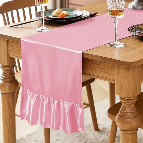 2 Pack Pink Satin Table Runner 12 x 72 Inch | Ruffle Design, Luxurious Dining - Image 2