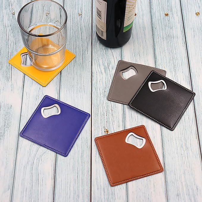 PU Leather Drink Coaster with Bottle Opener Stainless Steel Bartender Beer - Image 3