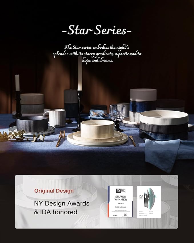 famiware Star 8.25" Pasta Bowls Set of 6, Bowl Plates, Smoky Blue | Microwave & - Image 7
