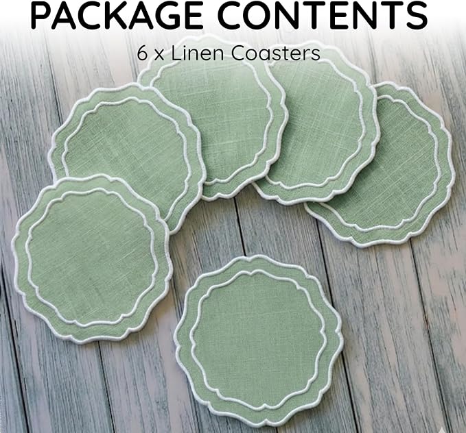 Drink Coasters Set of 6, 6x6 inch, Absorbent Linen Drink Mats - Image 2