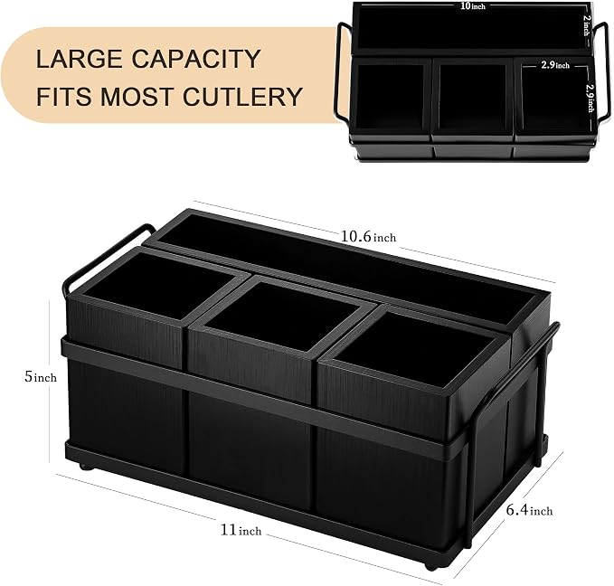 PTSTING Silverware Caddy Black Wood Silverware Holder Paper Plate Dispenser | - Image 3