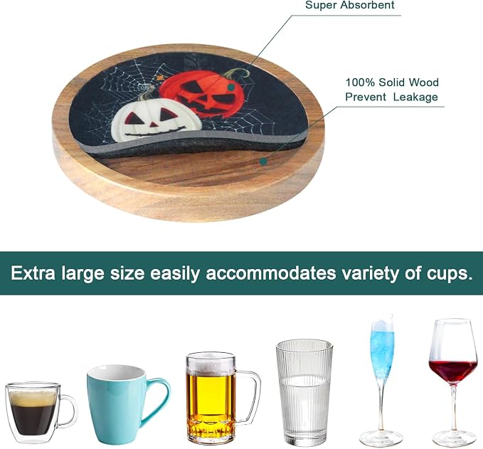 Halloween Coasters Set of 6, Pumpkins Coaster, Minacun Black Absorbent Coasters - Image 5