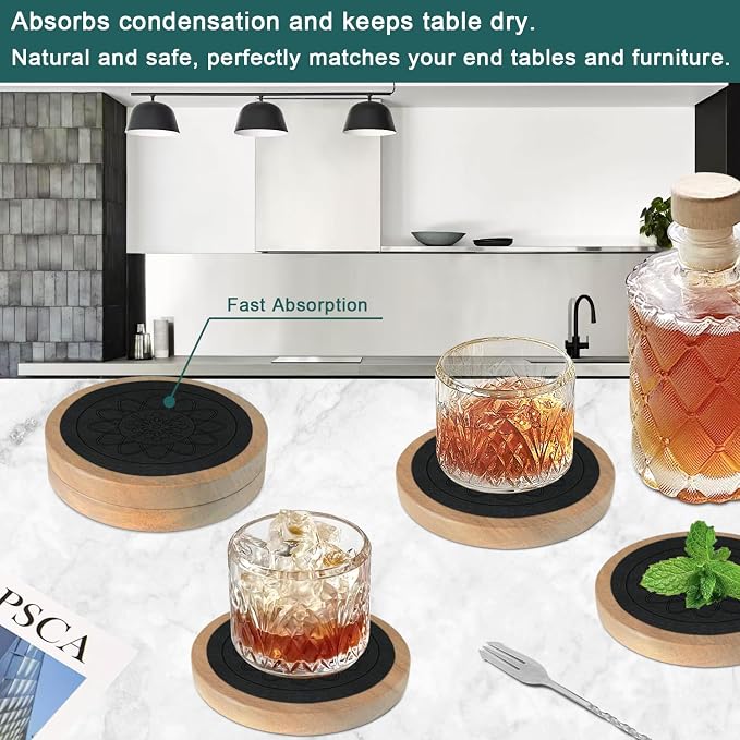 Wood Coasters for Drinks, Minacun Absorbent Coaster Sets of 5, Drinks Coasters - Image 4