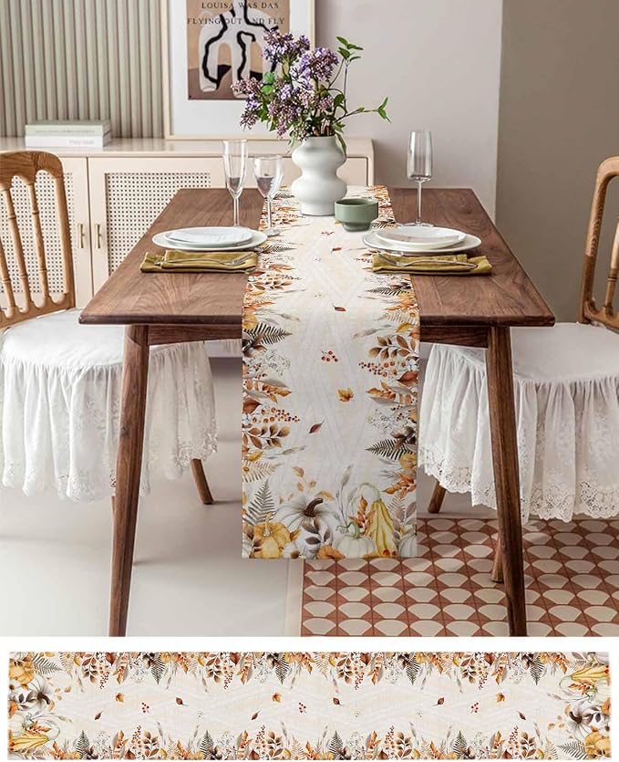 White Golden-Yellow Pumpkin Fall Table Runner 108 Inches Long, Thanksgiving - Image 4