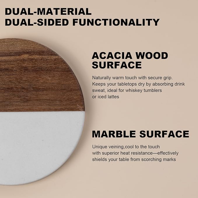 Marble Coasters: 4-piece Set of Acacia Wood Marble Coasters, Suitable - Image 2