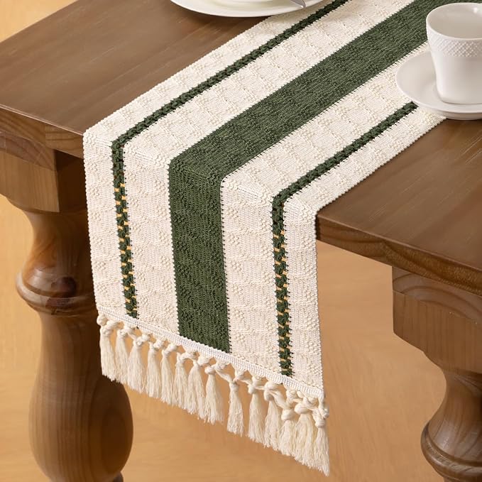 MLMW Boho Table Runner 72 inches Olive Green&Ivory Small Coffee Table Runner - Image 3