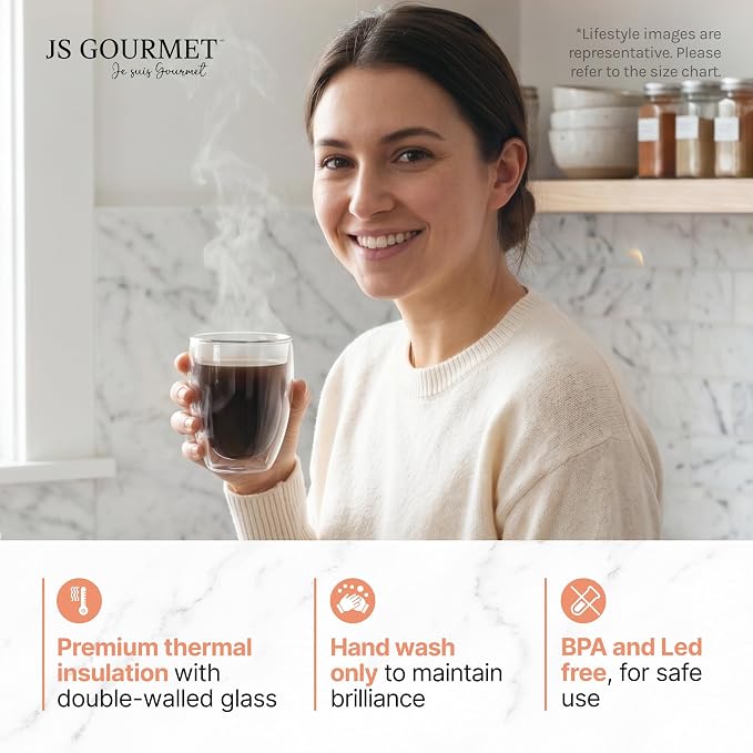 JS Gourmet Double Wall Glass Coffee Mugs Set of 6, 12oz/350ml Borosilicate - Image 4