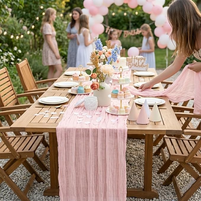 10 Pack Light Pink Cheesecloth Table Runner 22X120 Inch Boho Gauze Table Runner - Image 6