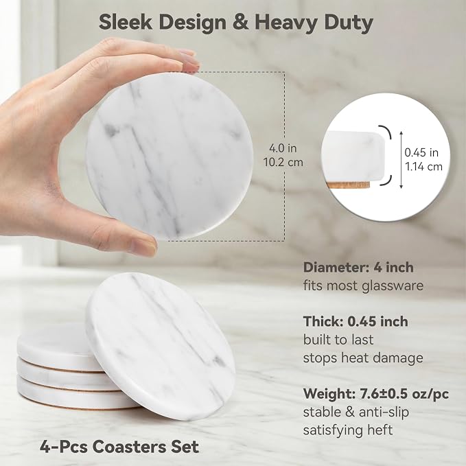 Soft White Marble Coasters Set of 4, Modern Elegant Drink Coasters - Image 4