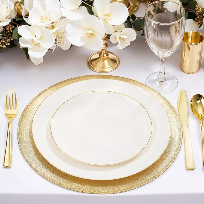 Nervure 100PCS Ivory and Gold Plastic Plates 10.25″ Disposable Dinner Plate | - Image 6