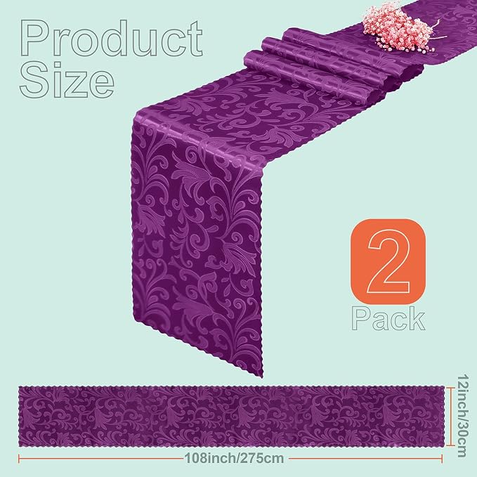 2 Pack Purple Damask Satin Table Runner 12 x 108 Inch | Bright Smooth Damask - Image 3