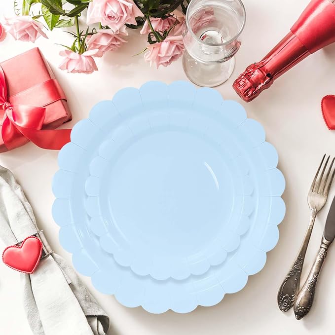 50 Pcs Light Blue Scalloped Paper Plates 25 × 7'' and 25 × 9'' Disposable Baby - Image 4