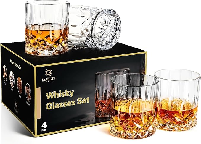 GLASKEY Whiskey Glasses Set of 4, Rock Glasses, 11 oz Lead-Free Crystal Bourbon by GLASKEY