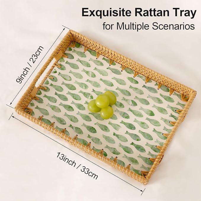 Rectangle Rattan Tray with Mother of Pearl Inlay, Rattan Serving Tray with - Image 9