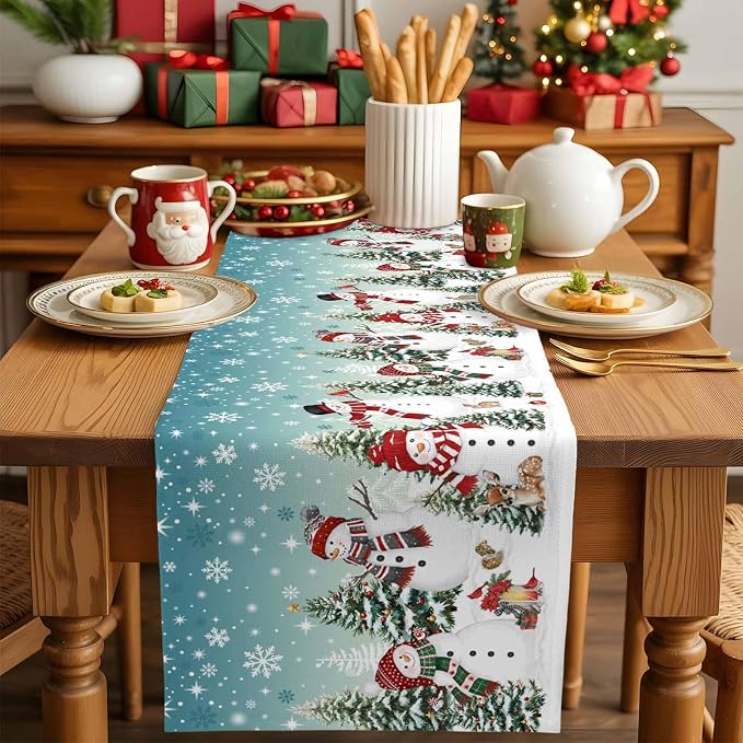 Teal Christmas Snowman Table Runner 72 Inches Long, Xmas Trees Snowflake Table - Image 5