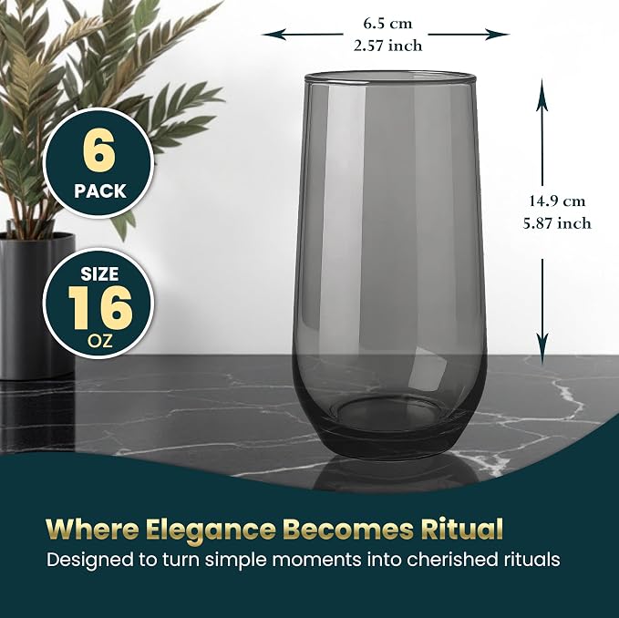 Grey Drinking Glasses Set of 6 | Translucent Black Glassware | 16 oz Smoked - Image 2