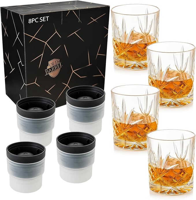 OLD BARREL Whiskey Glasses Set of 4 Glasses 4 Ice Molds, 10oz Bourbon Gift by OLD+BARREL+BAR+SUPPLIES