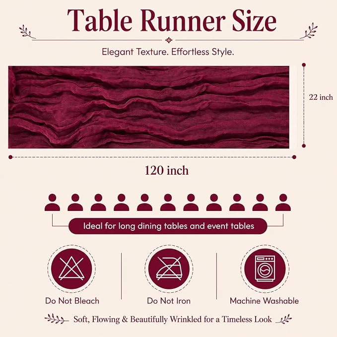 10 Pack Burgundy Cheesecloth Table Runner 22 x 120 Inch Gauze Table Runner | - Image 4