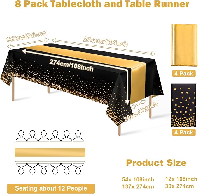 8Pack Disposable Plastic Tablecloths and Satin Table Runner Set Black Gold Dot - Image 2