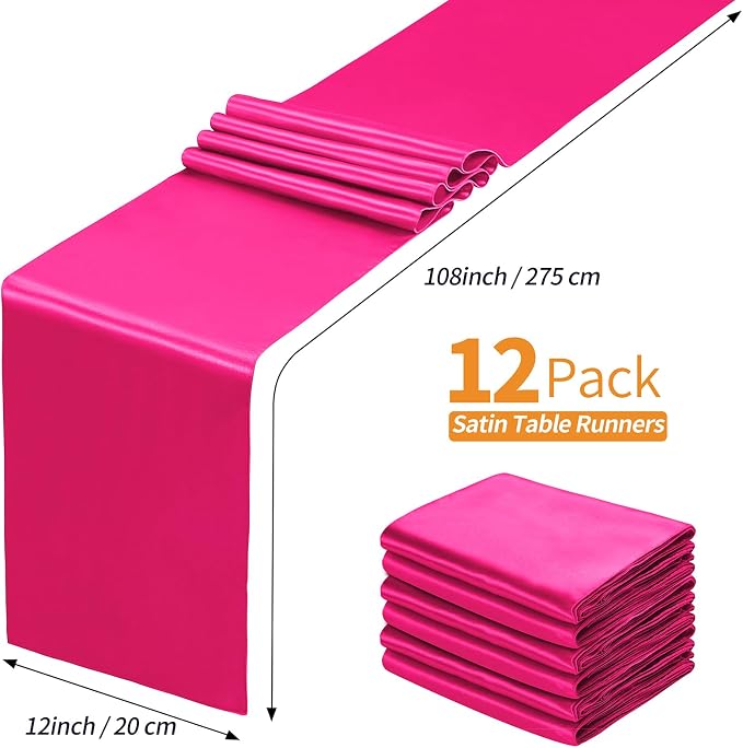 SiinvdaBZX 12 Pcs Hot Pink Satin Table Runner 12 x 108 inches Long | Bright - Image 4