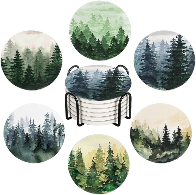 Drink Coasters for Drinks Set of 6, Watercolor Landscape Pine Forest Absorbent by Ansouyi