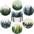 Drink Coasters for Drinks Set of 6, Watercolor Landscape Pine Forest Absorbent by Ansouyi