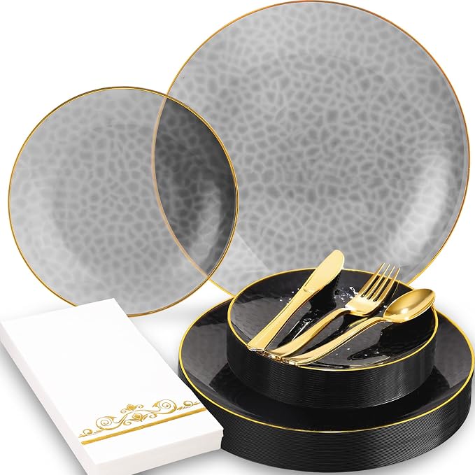 150 Pcs Black Plastic Dinnerware Set, Disposable Plates by BONSINY