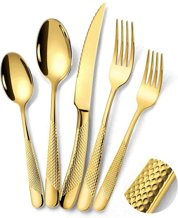 40-Piece Hammered Gold Silverware Set by Lemeya