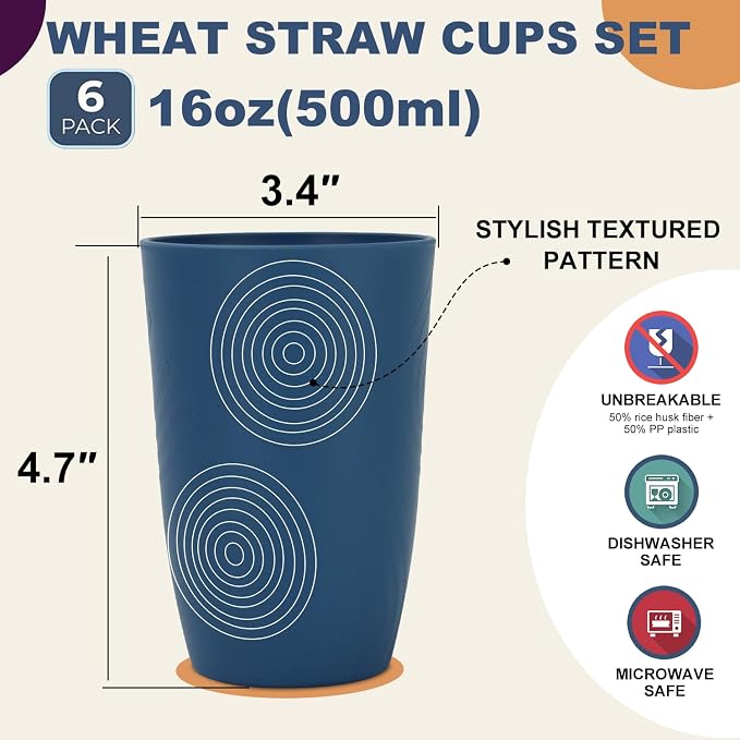 Wrova Wheat Straw Cups 16oz Tumbler Set of 8 - Image 2