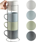 HASENSE Coffee Mugs with Metal Stand, 15 oz Ceramic Stackable Mug Set Embossed by Hasense