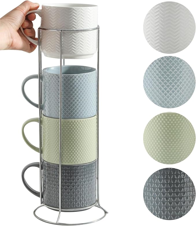 HASENSE Coffee Mugs with Metal Stand, 15 oz Ceramic Stackable Mug Set Embossed by Hasense