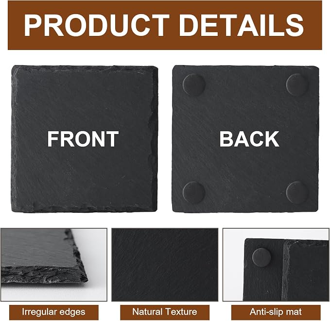 16 Pack Slate Coaster Set with Metal Holder, 4 Inch Black Square Stone Drink - Image 3