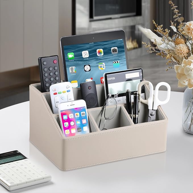 PU Leather Desk Organizer, Remote Control Holder, Dark Beige | Luxury - Image 2