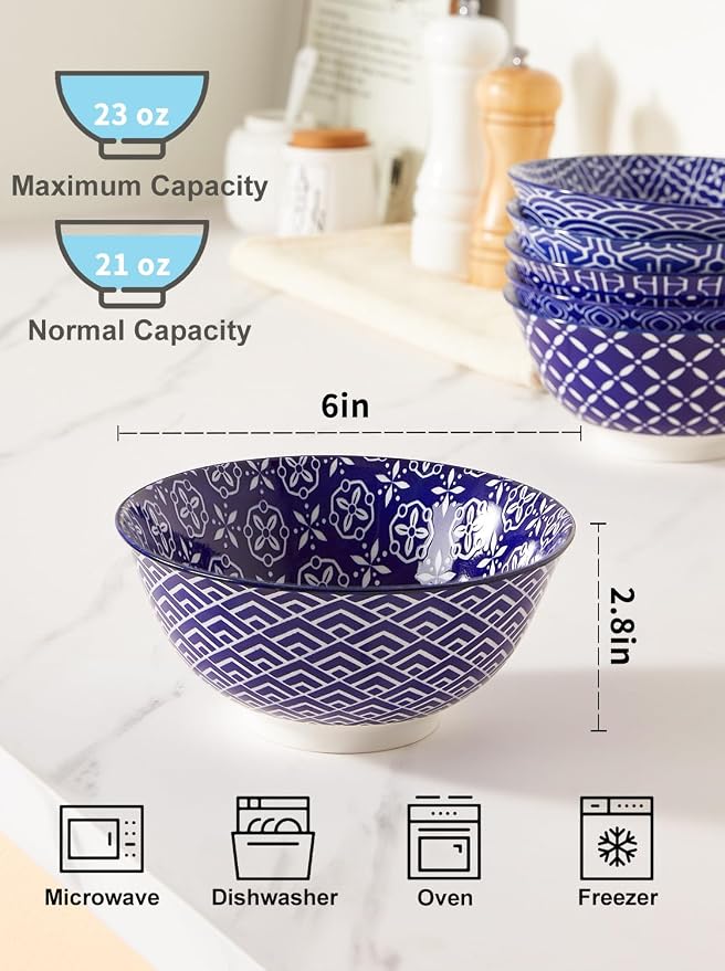 Metahom Ceramic Cereal Bowls, 23 Oz Blue and White Bowls, Porcelain Soup Bowl - Image 2