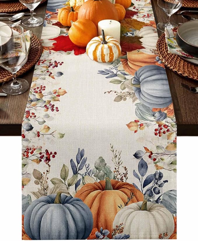 Fall Thanksgiving Table Runners 60 Inches Long, Cotton Linen Fabric Autumn by Edwiinsa