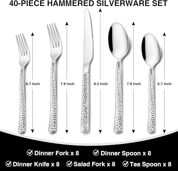 Hammered Silverware Set, 40-Piece Stainless Steel Square Flatware Set - Image 2