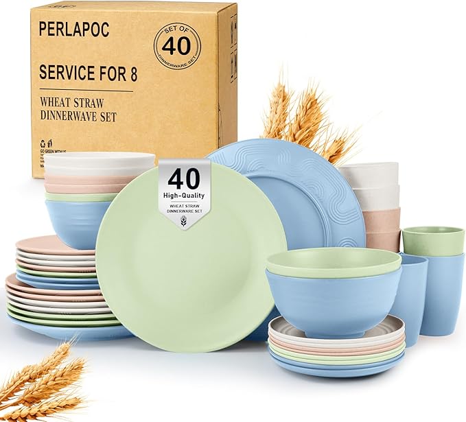 40 PCS Wheat Straw Dinnerware Sets Unbreakable Dishes Set by Perlapoc