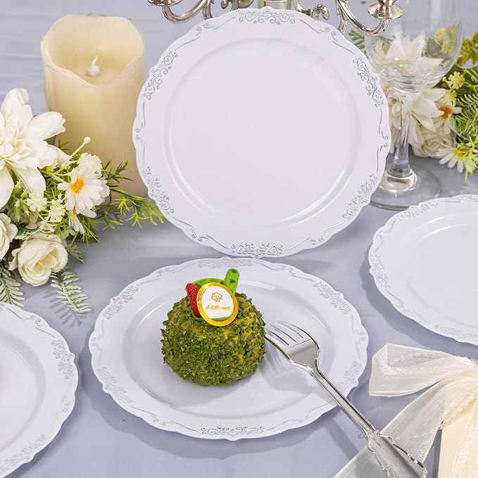 DaYammi 60PCS White and Silver Plastic Plates, Heavy Duty White and Silver - Image 8