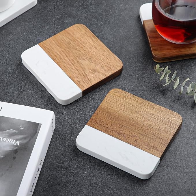 Acacia Wood Marble Coasters for Drinks Set of 4, Square Non-Slip Wooden Stone - Image 4