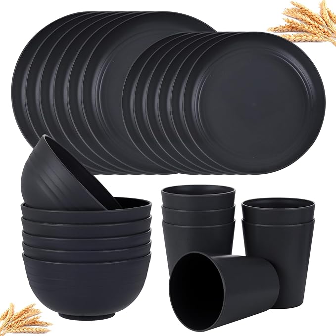 24pc Black Wheat Straw Dinnerware Set, Unbreakable Dish Set by supernal
