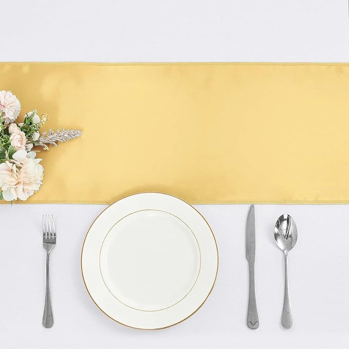 10-Pack Light Gold Satin Table Runner 12 x 108 Inch Long Bright and Smooth Silk - Image 2